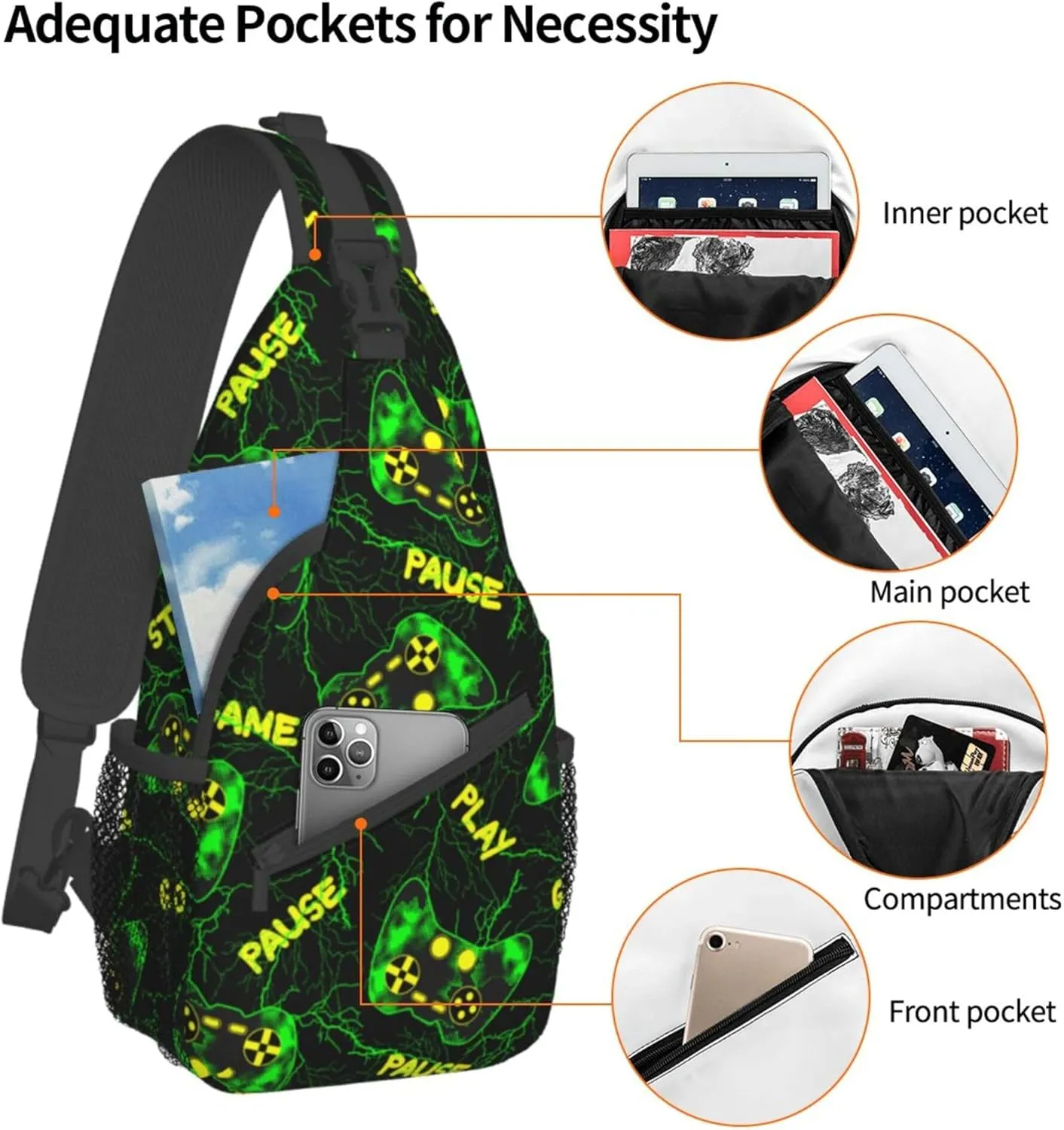 Cool green Video Game Weapon pattern Sling Bag Crossbody Travel Hiking Bags Chest Backpack Casual Shoulder Daypack for Women Men