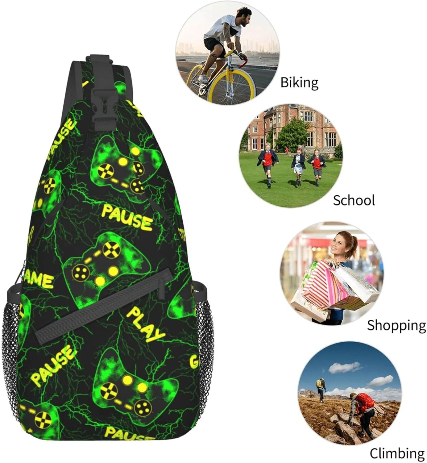 Cool green Video Game Weapon pattern Sling Bag Crossbody Travel Hiking Bags Chest Backpack Casual Shoulder Daypack for Women Men