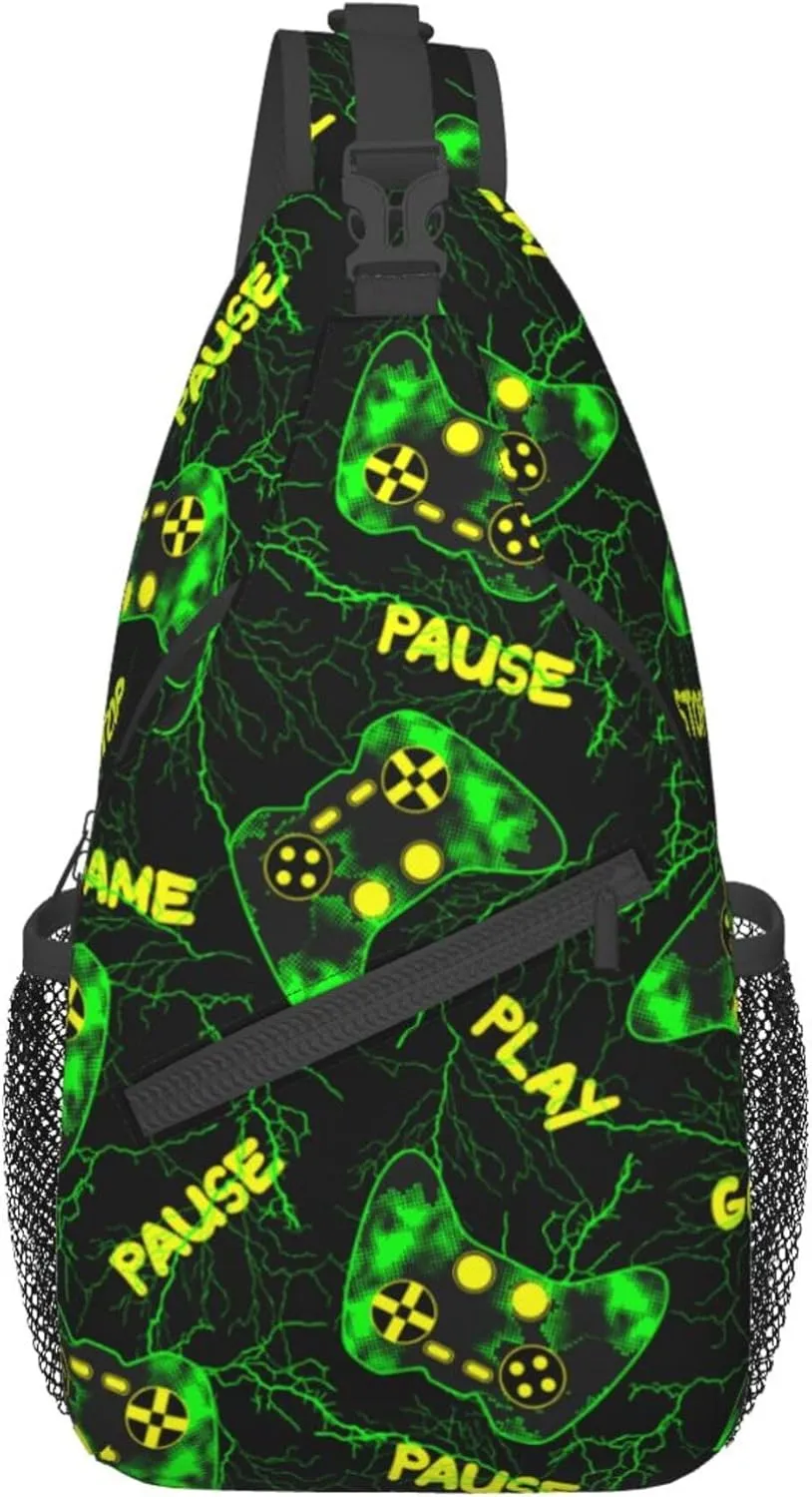 Cool green Video Game Weapon pattern Sling Bag Crossbody Travel Hiking Bags Chest Backpack Casual Shoulder Daypack for Women Men