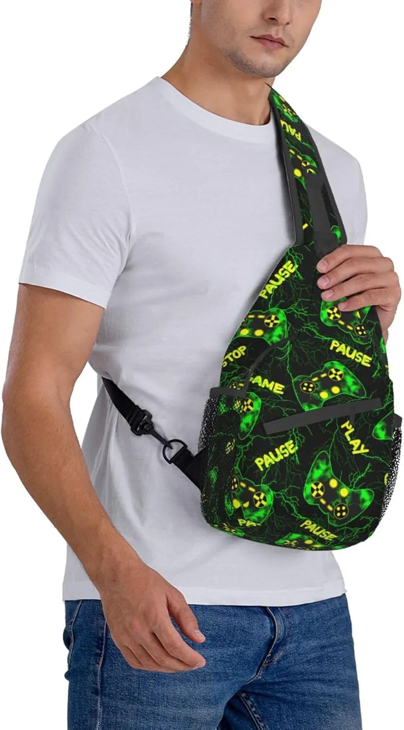 Cool green Video Game Weapon pattern Sling Bag Crossbody Travel Hiking Bags Chest Backpack Casual Shoulder Daypack for Women Men