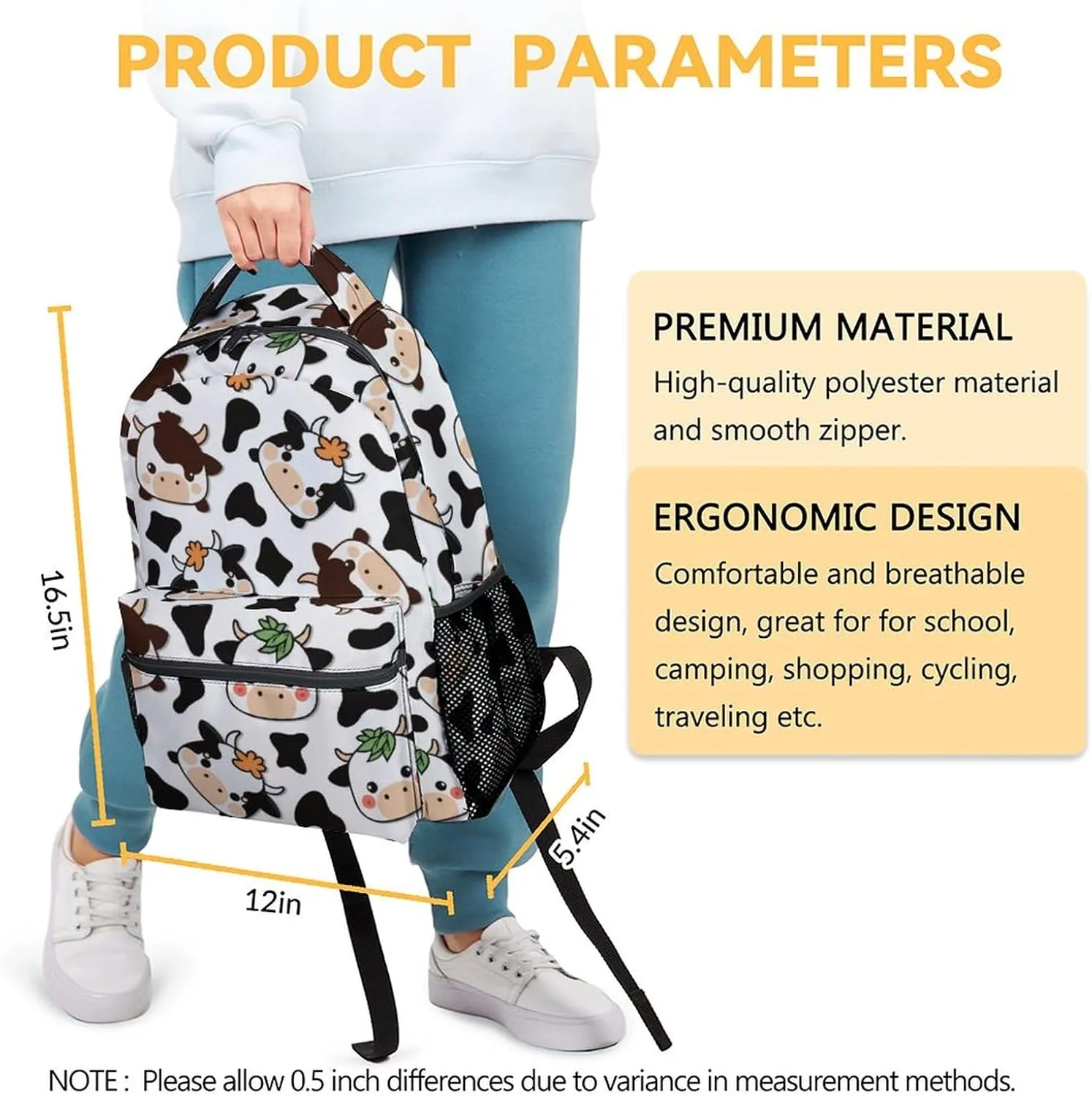 Cow Backpack for Girls Boys, 16 Inch Backpacks for School, Cute, Adjustable Straps, Durable, Lightweight, Large Capacity Bookbag for Kids