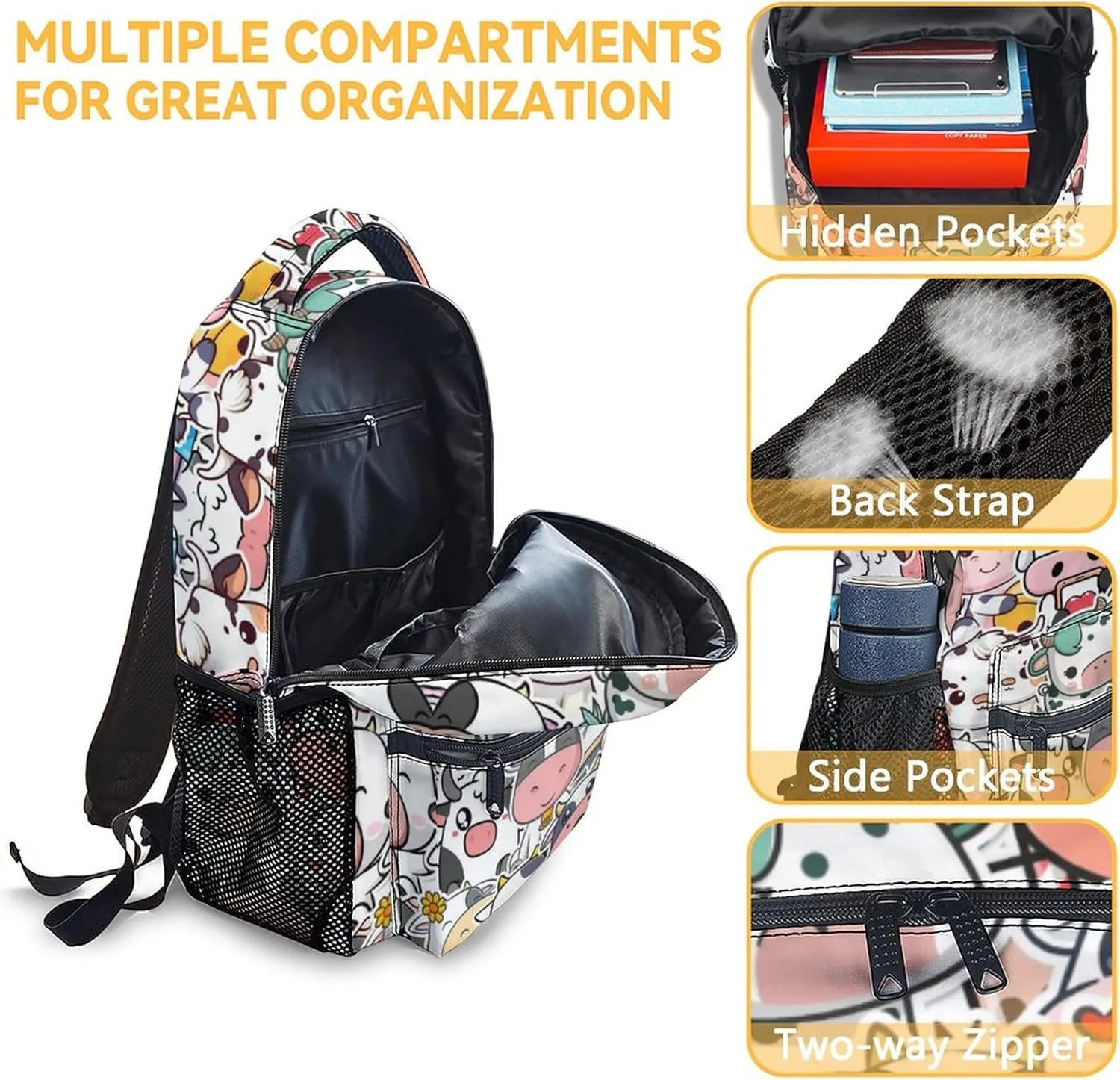 Cow Backpack for Girls Boys, 16 Inch Backpacks for School, Cute, Adjustable Straps, Durable, Lightweight, Large Capacity Bookbag for Kids