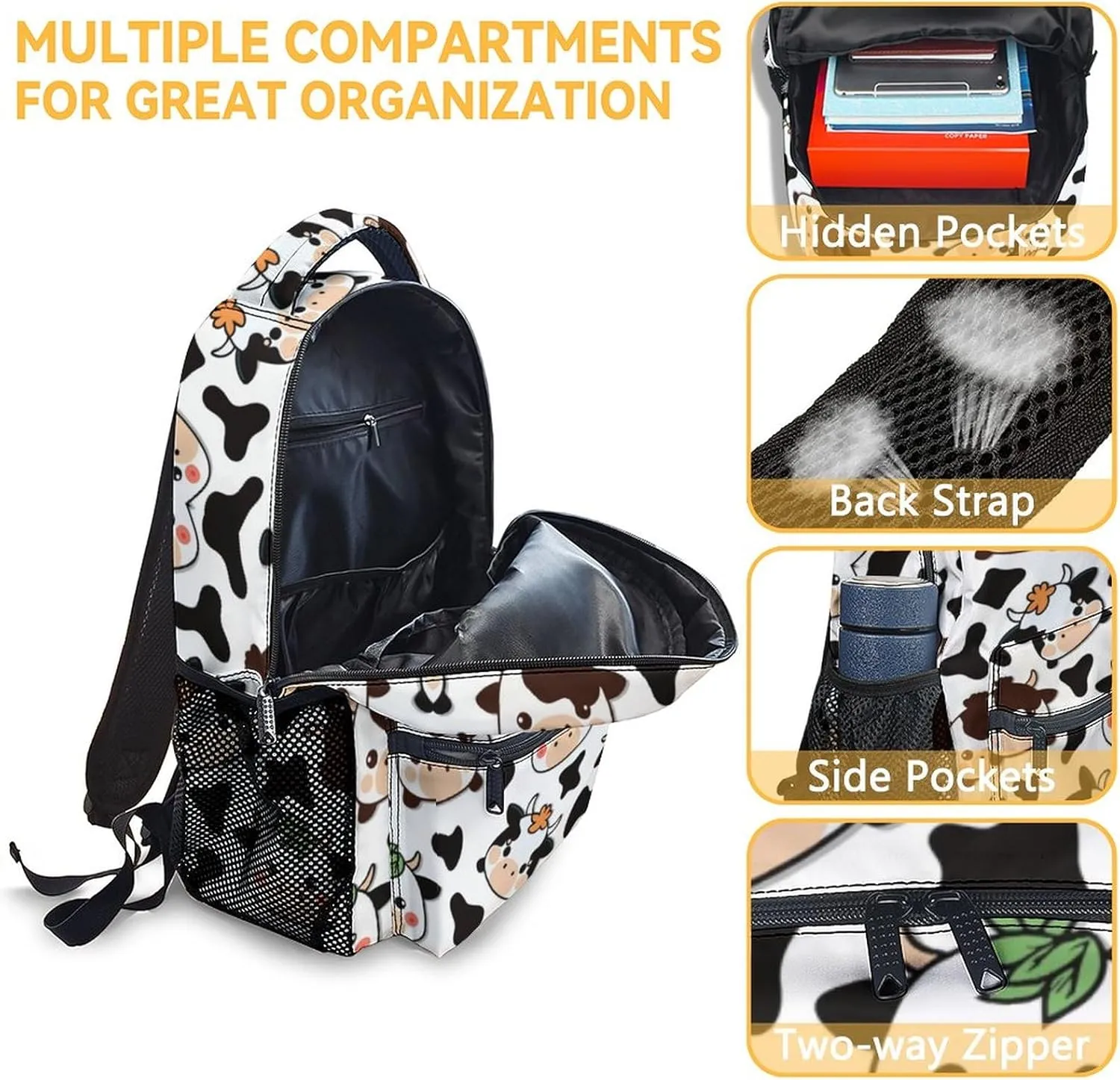 Cow Backpack for Girls Boys, 16 Inch Backpacks for School, Cute, Adjustable Straps, Durable, Lightweight, Large Capacity Bookbag for Kids