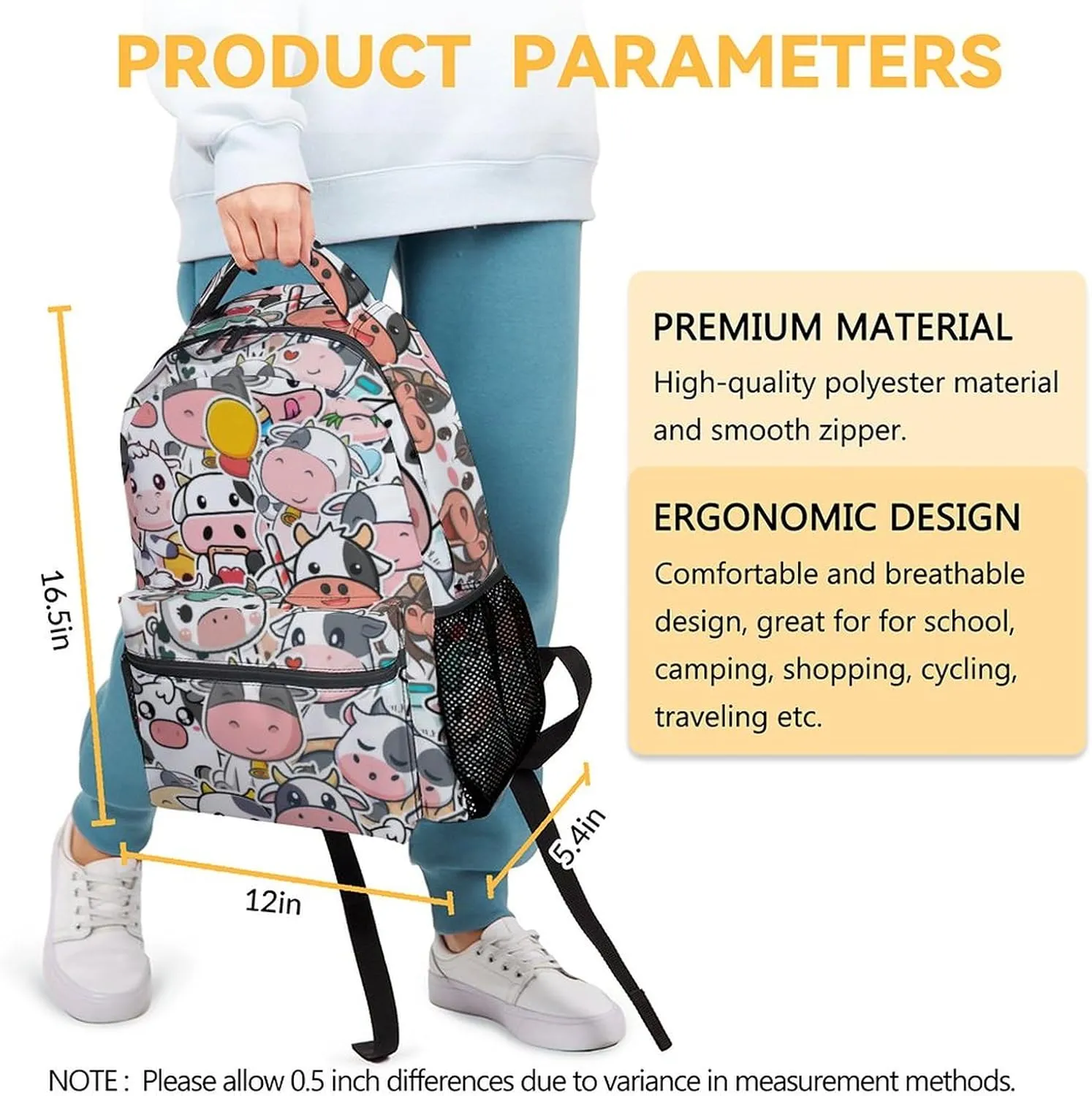 Cow Backpack for Girls Boys, 16 Inch Backpacks for School, Cute, Adjustable Straps, Durable, Lightweight, Large Capacity Bookbag for Kids
