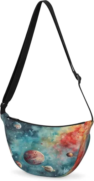 Crescent Crossbody Bag for Women & Men Lightweight Spacious Dumpling-style Sling Bag Adjustable Strap Zippers Travel Casual Use Suitable Galactic Universe Planet