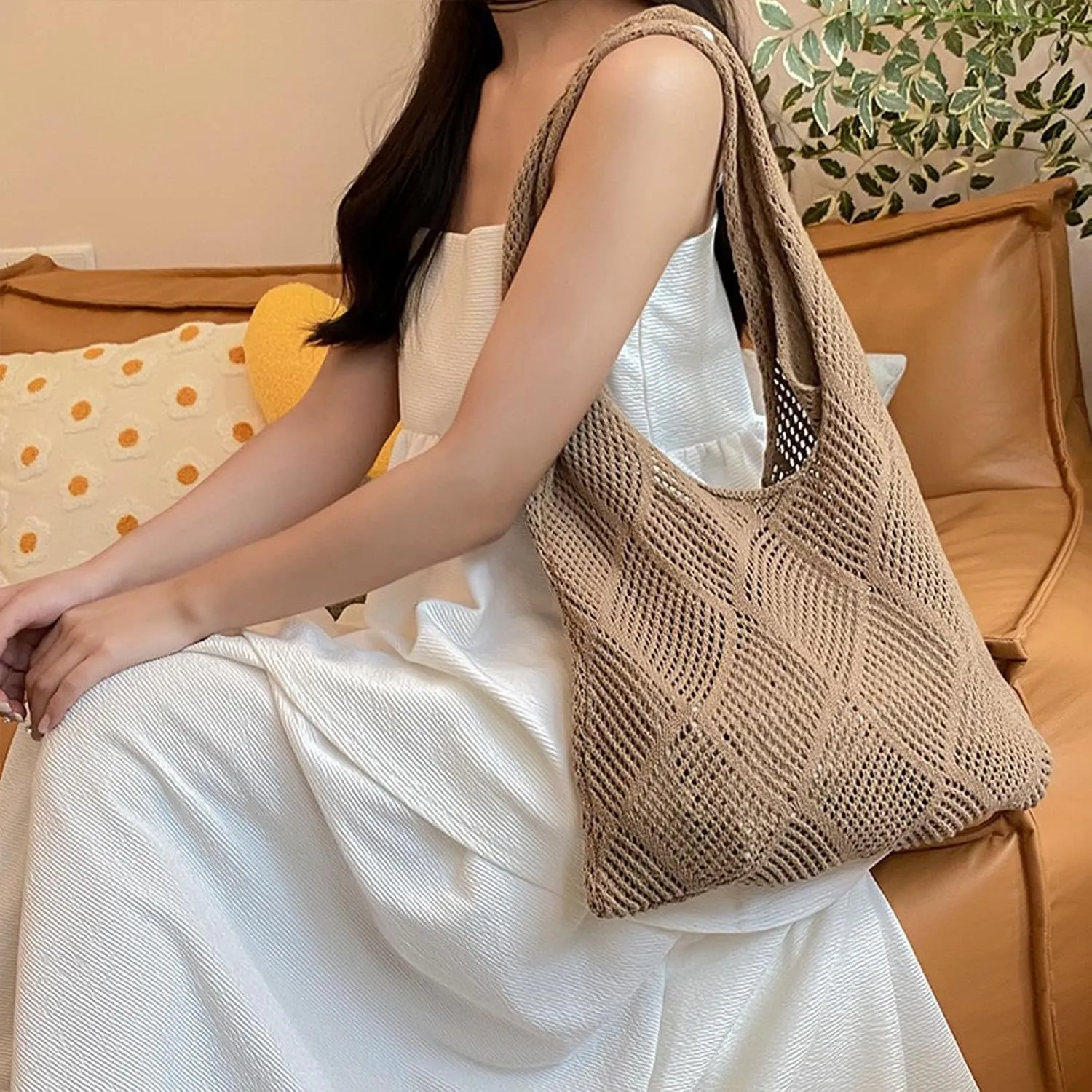 Crochet Mesh Beach Tote Bag Shoulder Bag Handbags Knitting Hollow Summer Bag Hobo Bag Aesthetic