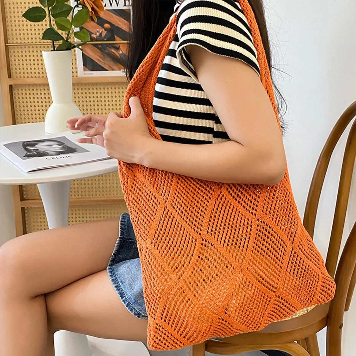 Crochet Mesh Beach Tote Bag Shoulder Bag Handbags Knitting Hollow Summer Bag Hobo Bag Aesthetic
