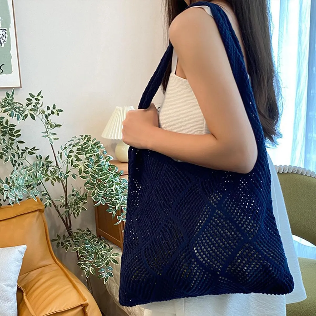 Crochet Mesh Beach Tote Bag Shoulder Bag Handbags Knitting Hollow Summer Bag Hobo Bag Aesthetic