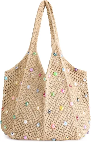 Crochet Tote Bag for Women Mesh Summer Beach Bag Large Knitted Bag Woven Shoulder Handbag Vacation Aesthetic Hobo Bag Travel