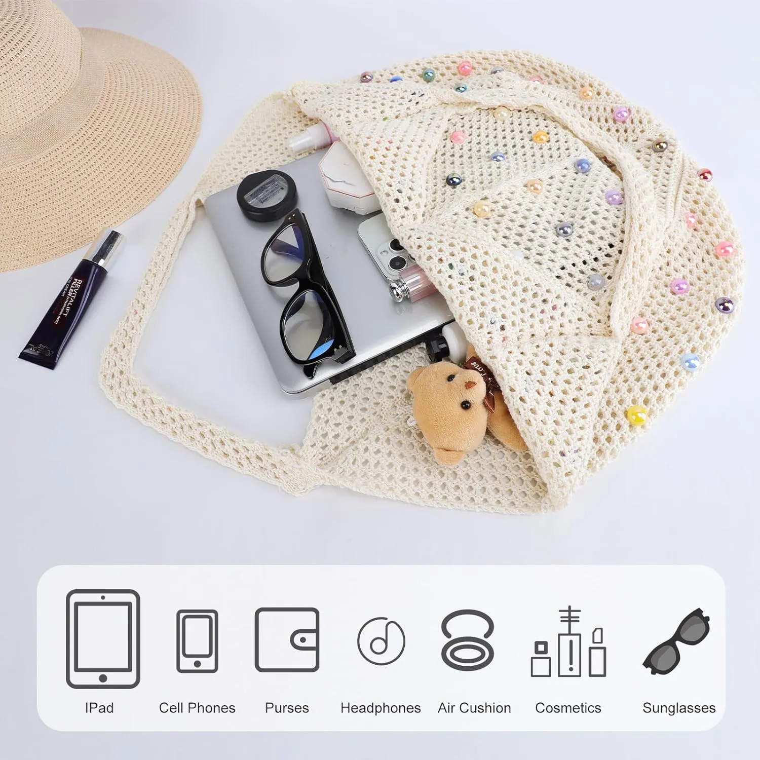 Crochet Tote Bag for Women Mesh Summer Beach Bag Large Knitted Bag Woven Shoulder Handbag Vacation Aesthetic Hobo Bag Travel