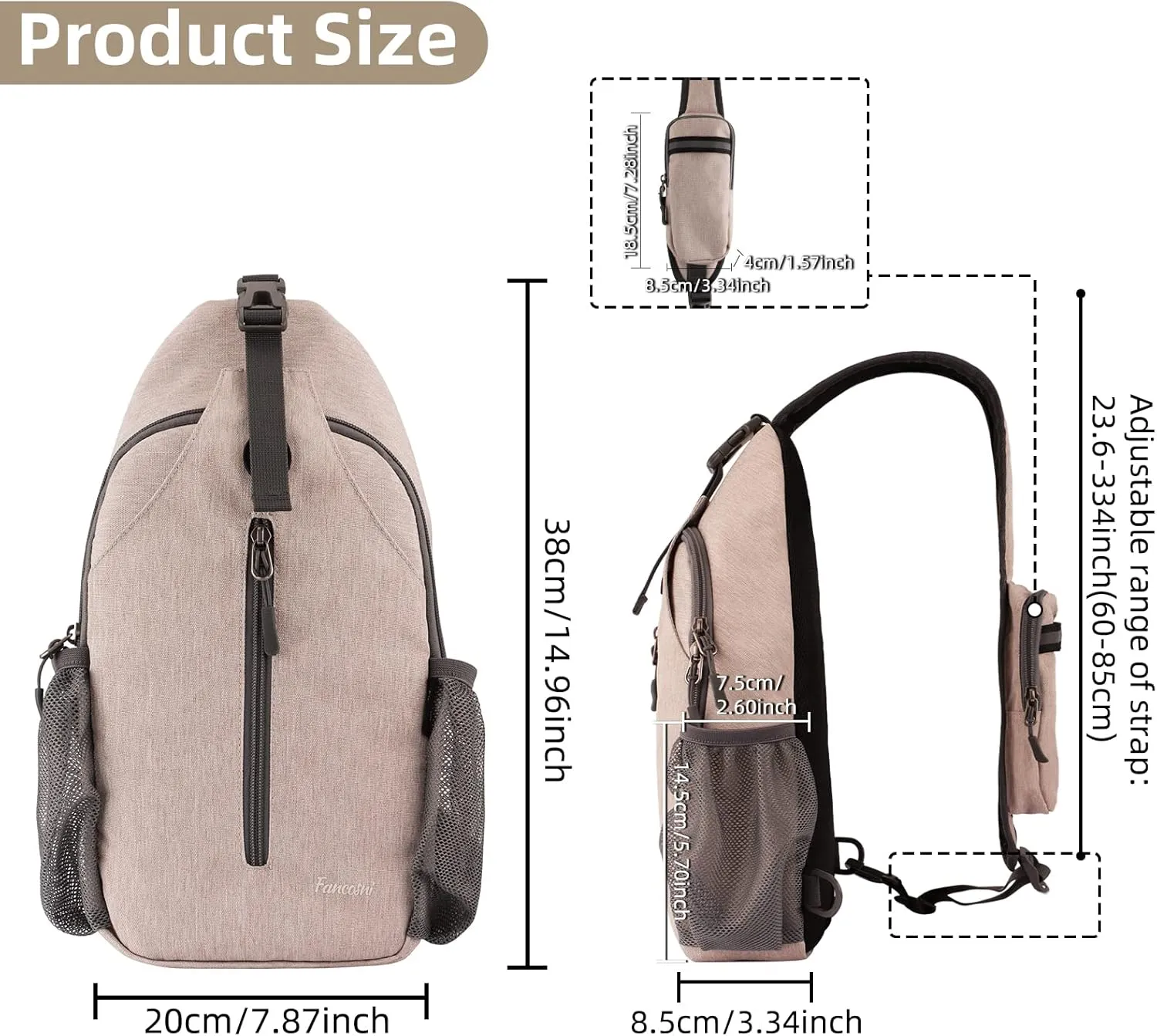 Crossbody Sling Bag for Women & Men, Lightweight Shoulder Bag, Multipurpose Backpack for Travel, Hiking, Shopping, Walking, Biking, Cycling, Earphone Hole, Flaxen