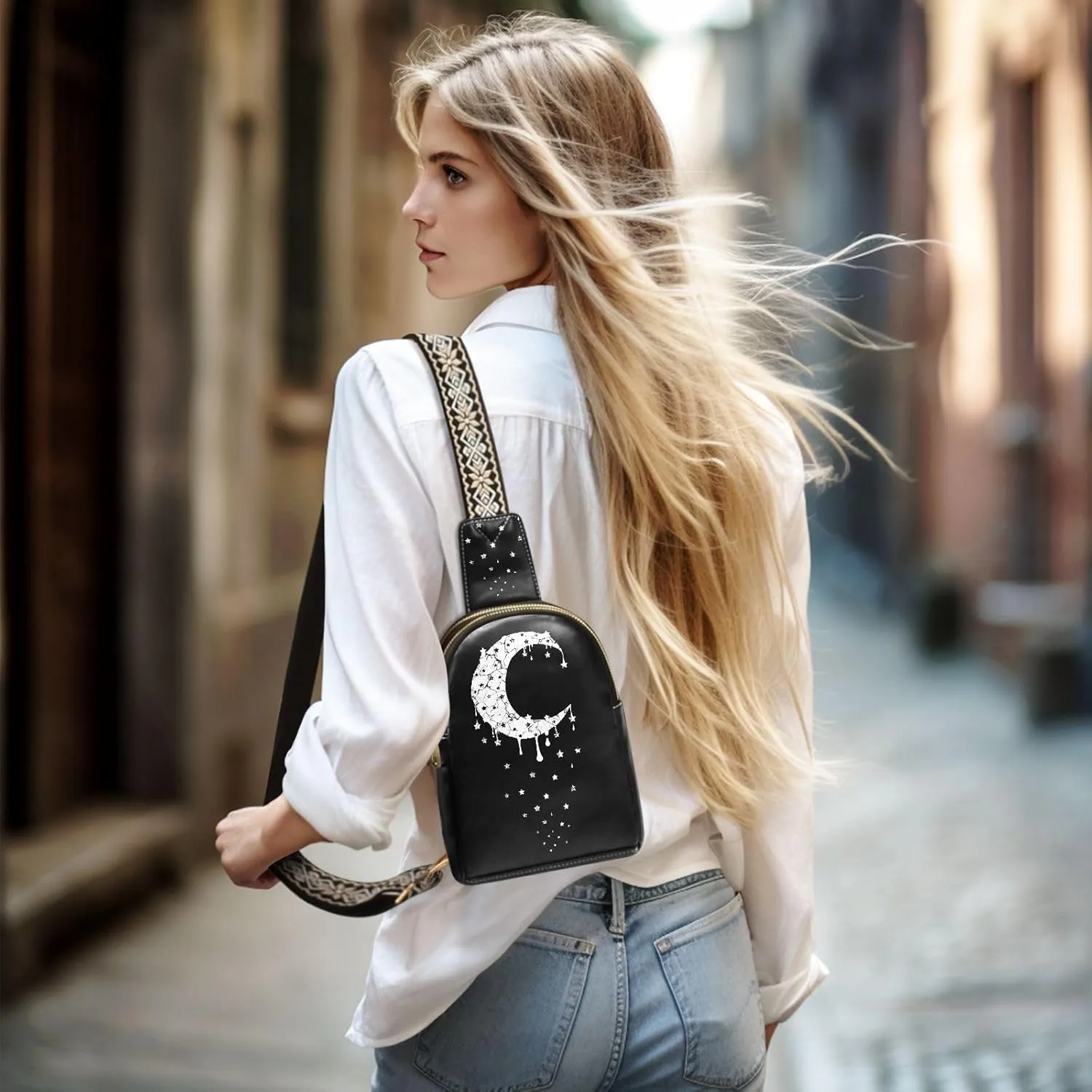 Crossbody Sling Bag for Women Leather Shoulder Chest Bag Small Fanny Pack for Hiking Travel