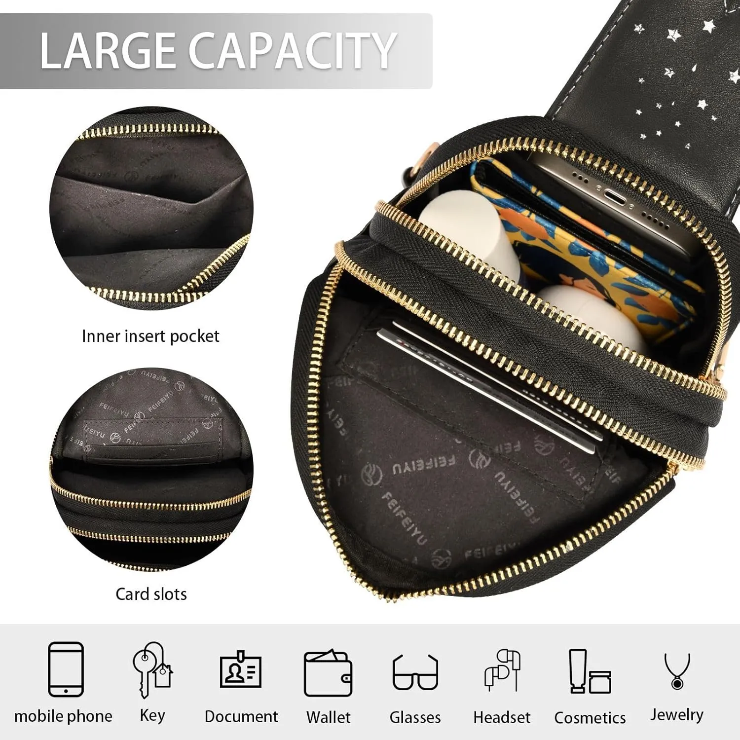 Crossbody Sling Bag for Women Leather Shoulder Chest Bag Small Fanny Pack for Hiking Travel