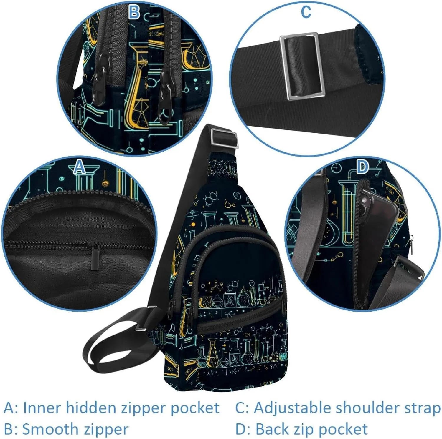 Crossbody Small Sling Bag Backpack for Women Men, Chemical creative outline horizontal ban (3) Chest Daypack Crossbody Travel Sports Hiking