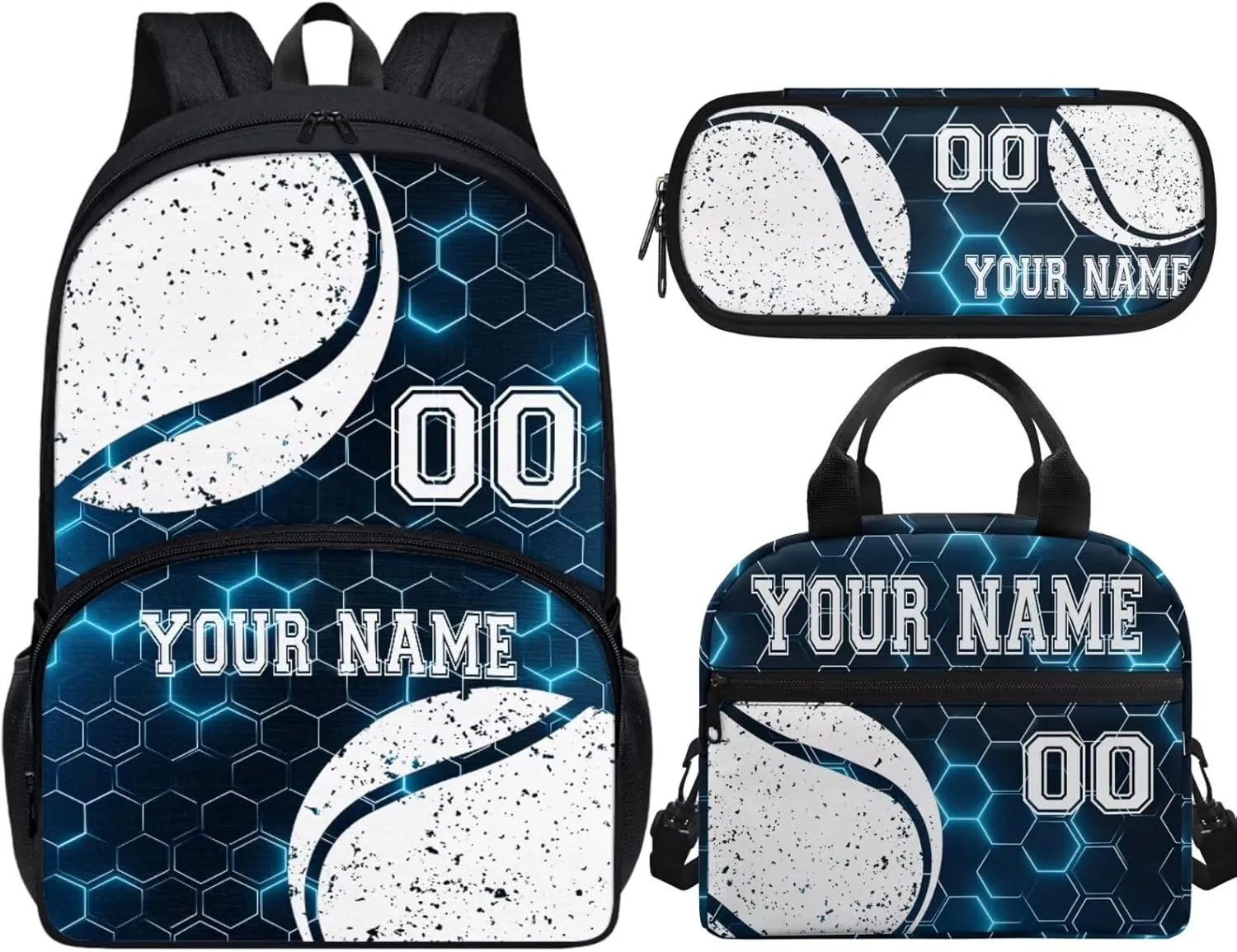 Custom Baseball Blue Hexagonal Mesh School Bookbag Travel Backpack Set with Kids Insulated Lunch Bag Pencil Case School Backpacks Book Bags Schoolbag for Toddler Little Boys Girls