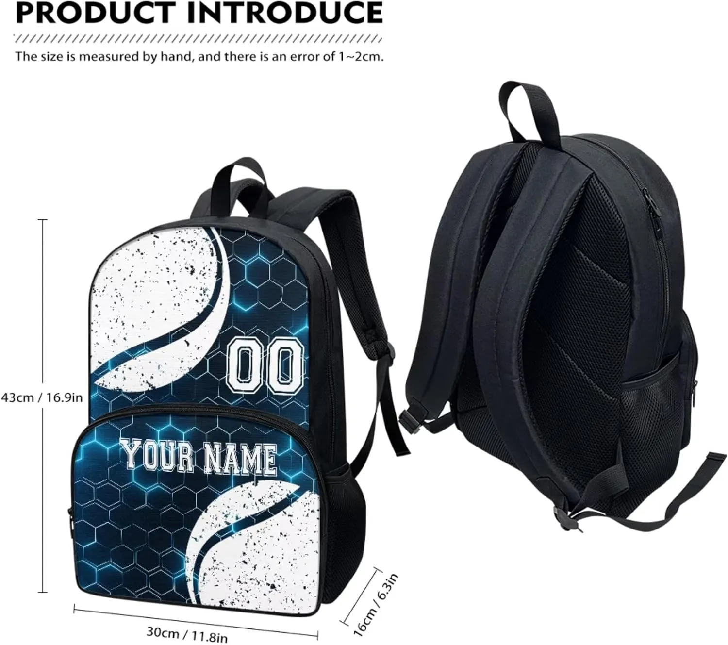Custom Baseball Blue Hexagonal Mesh School Bookbag Travel Backpack Set with Kids Insulated Lunch Bag Pencil Case School Backpacks Book Bags Schoolbag for Toddler Little Boys Girls