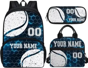 Custom Baseball Blue Hexagonal Mesh School Bookbag Travel Backpack Set with Kids Insulated Lunch Bag Pencil Case School Backpacks Book Bags Schoolbag for Toddler Little Boys Girls