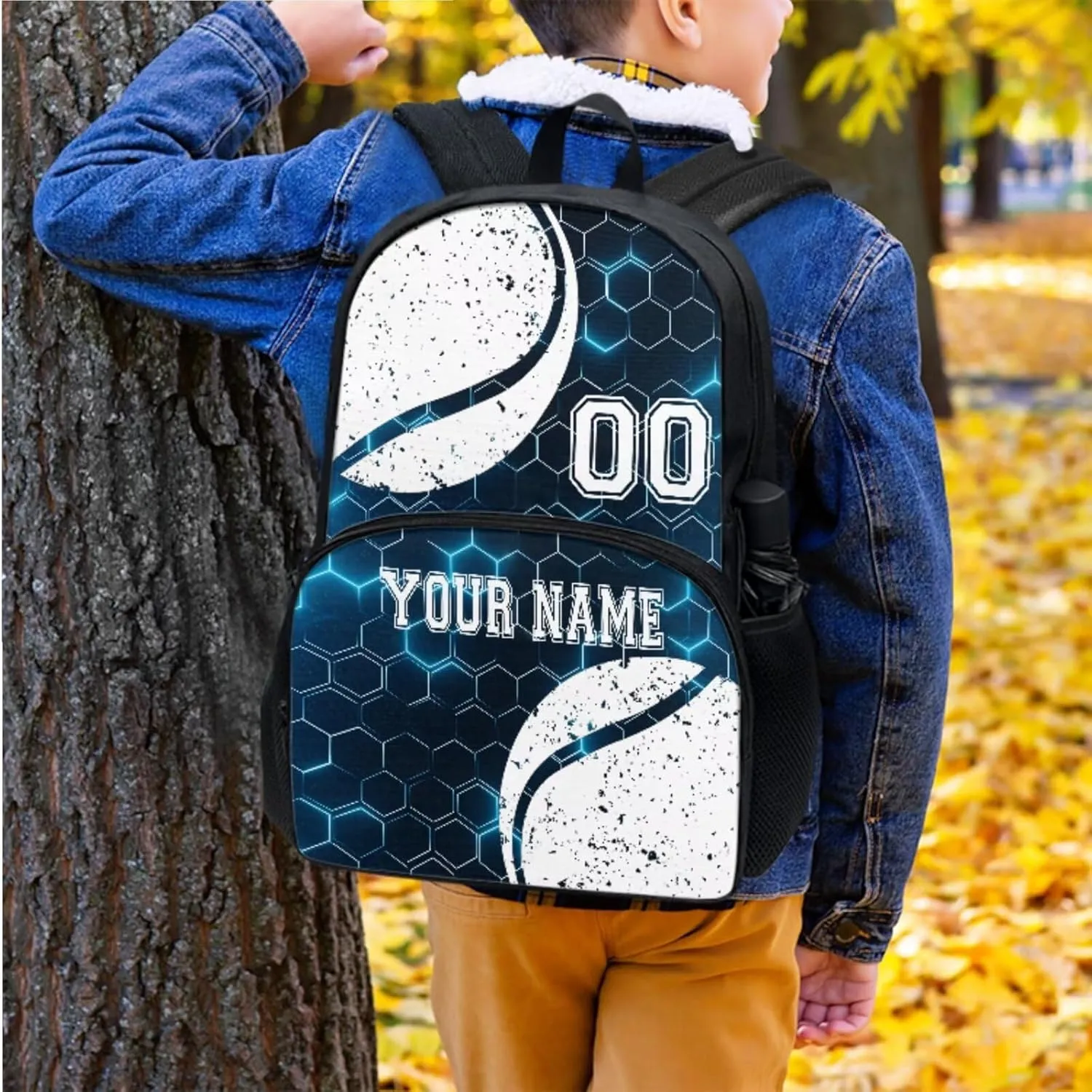 Custom Baseball Blue Hexagonal Mesh School Bookbag Travel Backpack Set with Kids Insulated Lunch Bag Pencil Case School Backpacks Book Bags Schoolbag for Toddler Little Boys Girls