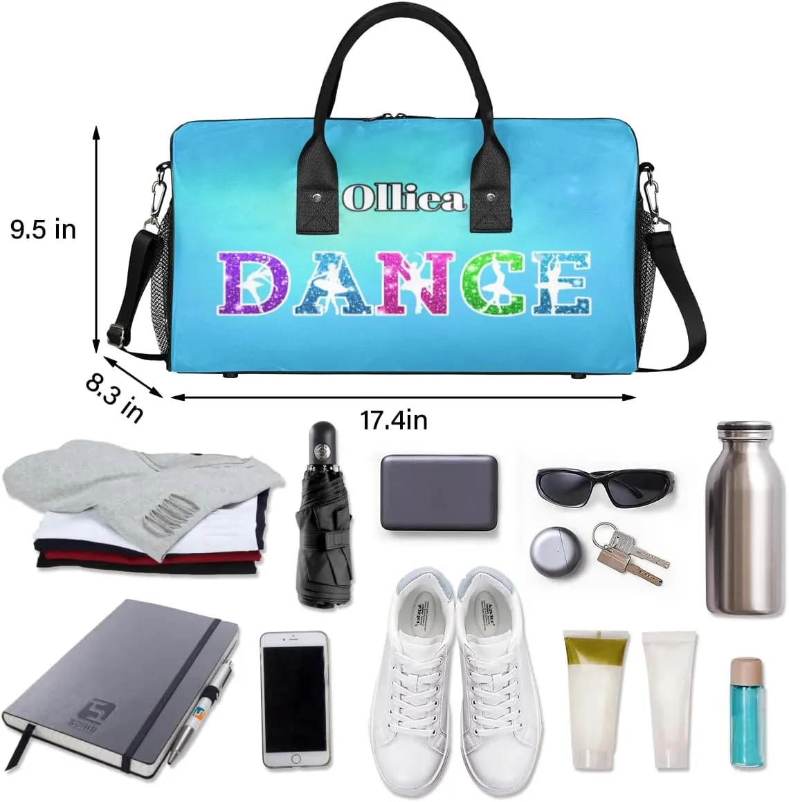 Custom Dance Bag Gym Bag Personalized Sport Duffel Bag Travel Weekender Bags Gymnastics Duffel Bag Blue Light