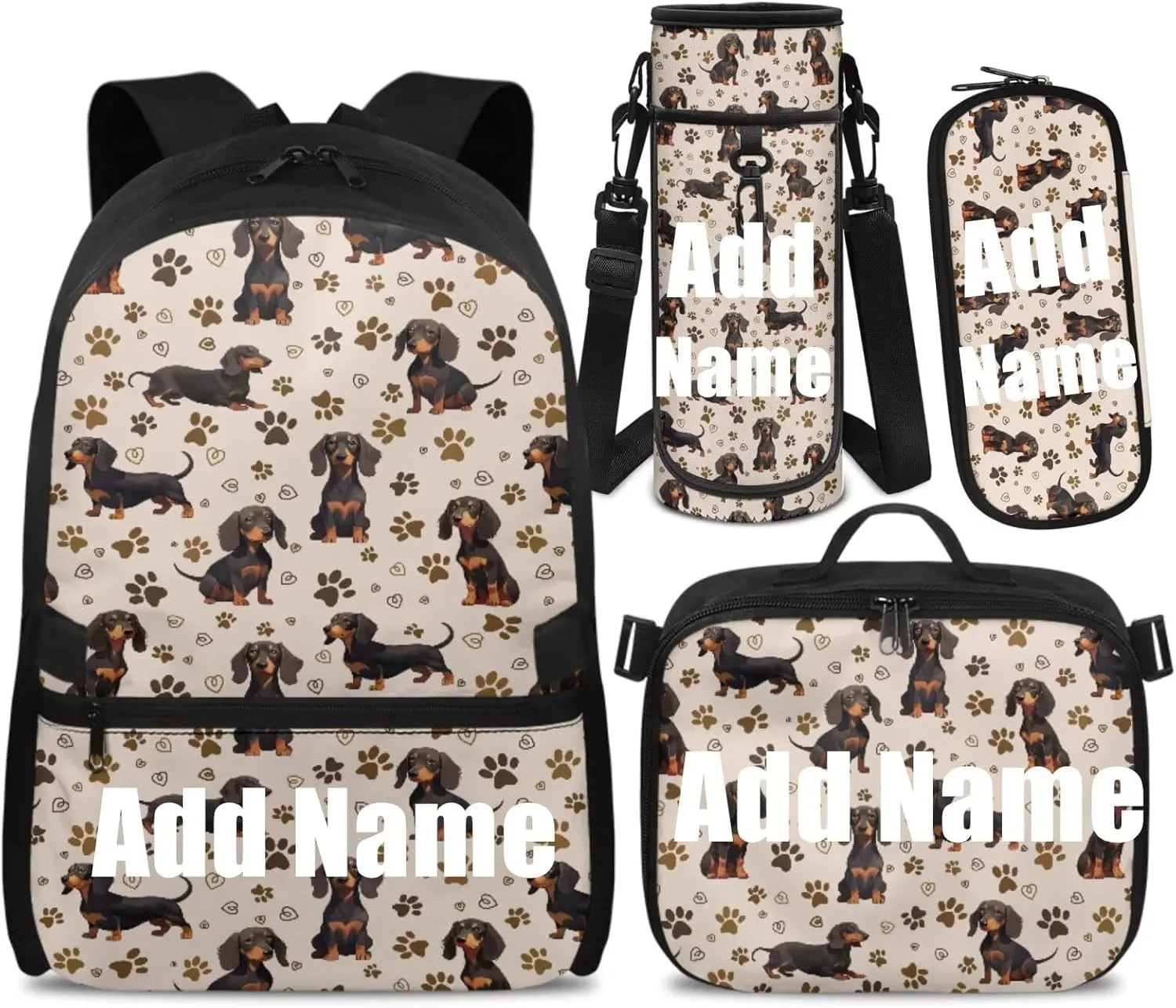 Custom Girls Backpack 10-12 Years Old Dachshund Backpacks for Girls with Lunch Box Personalized 4 in 1 Set Book Bags for Kids Lightweight 17 Inch Travel Daypack Bag