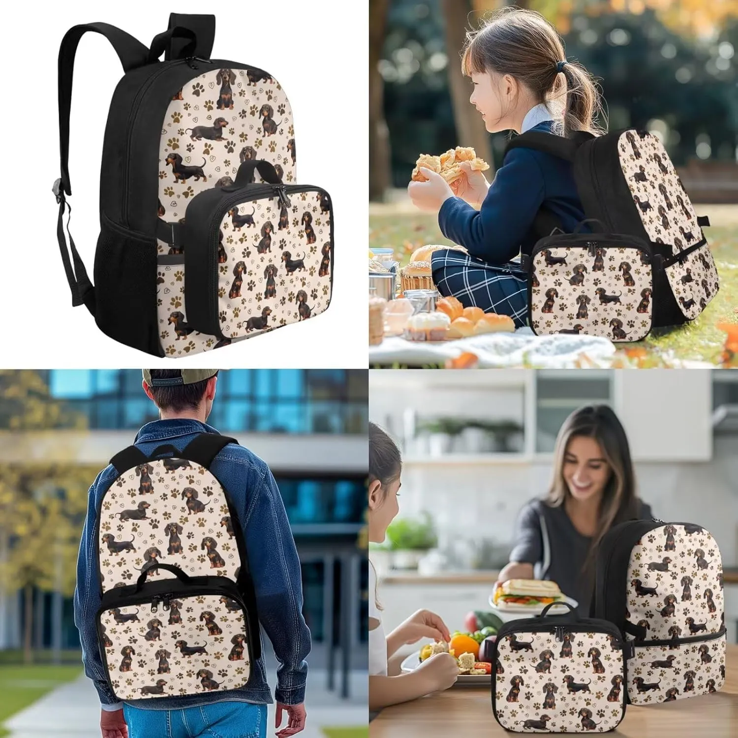 Custom Girls Backpack 10-12 Years Old Dachshund Backpacks for Girls with Lunch Box Personalized 4 in 1 Set Book Bags for Kids Lightweight 17 Inch Travel Daypack Bag