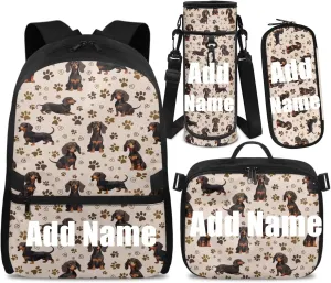 Custom Girls Backpack 10-12 Years Old Dachshund Backpacks for Girls with Lunch Box Personalized 4 in 1 Set Book Bags for Kids Lightweight 17 Inch Travel Daypack Bag