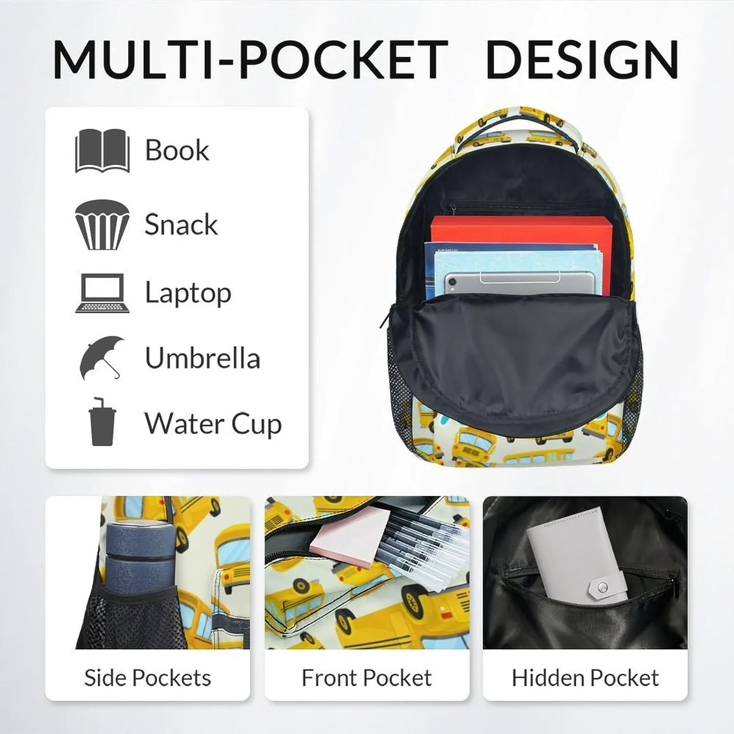 Custom Kids Backpack School Bookbags, School Bus Backpack for Boys Girls Ages 6-12, 17 Inch School Backpacks for Primary, Cute Car Bookbag with Adjustable Straps, Yellow