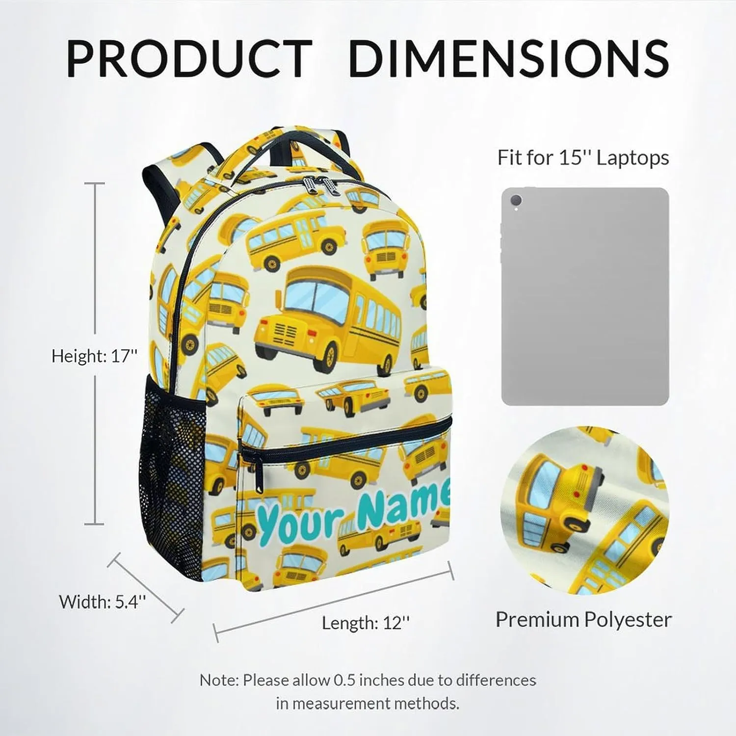 Custom Kids Backpack School Bookbags, School Bus Backpack for Boys Girls Ages 6-12, 17 Inch School Backpacks for Primary, Cute Car Bookbag with Adjustable Straps, Yellow