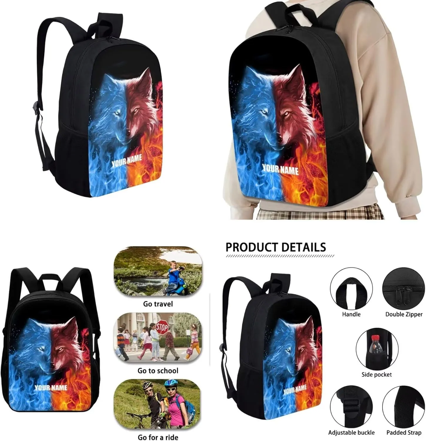 Custom Kids Flaming Wolf Backpack,Personalized Backpack with Name/Text Teen Book Bag Practical and Daycare Bag for Travel Can Be Purchased Separately Backpacks for Women Men