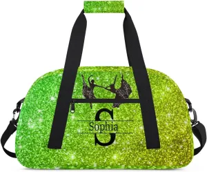 Custom Name Sports Duffel Bag, Lime Green Glittering Shiny Stars Bling Personalized Gym Sport Duffel Cheerleading Bag Travel Weekender Tote Bag