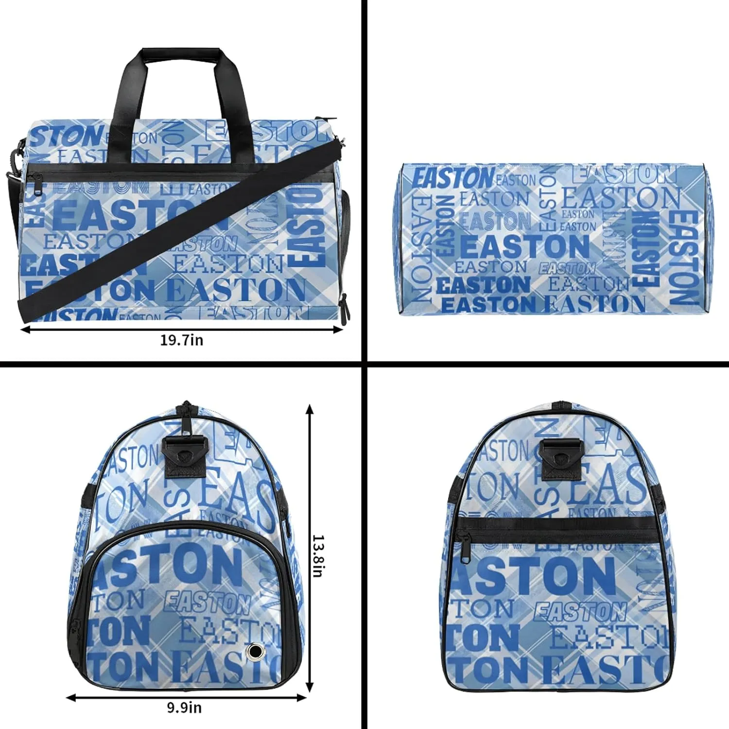 Custom Sport Gym Duffel Bag with Shoe Compartment Personalized Name Travel Overnight Bag Waterproof Customized Dance Bag Carry-On Tote, Blue Checked