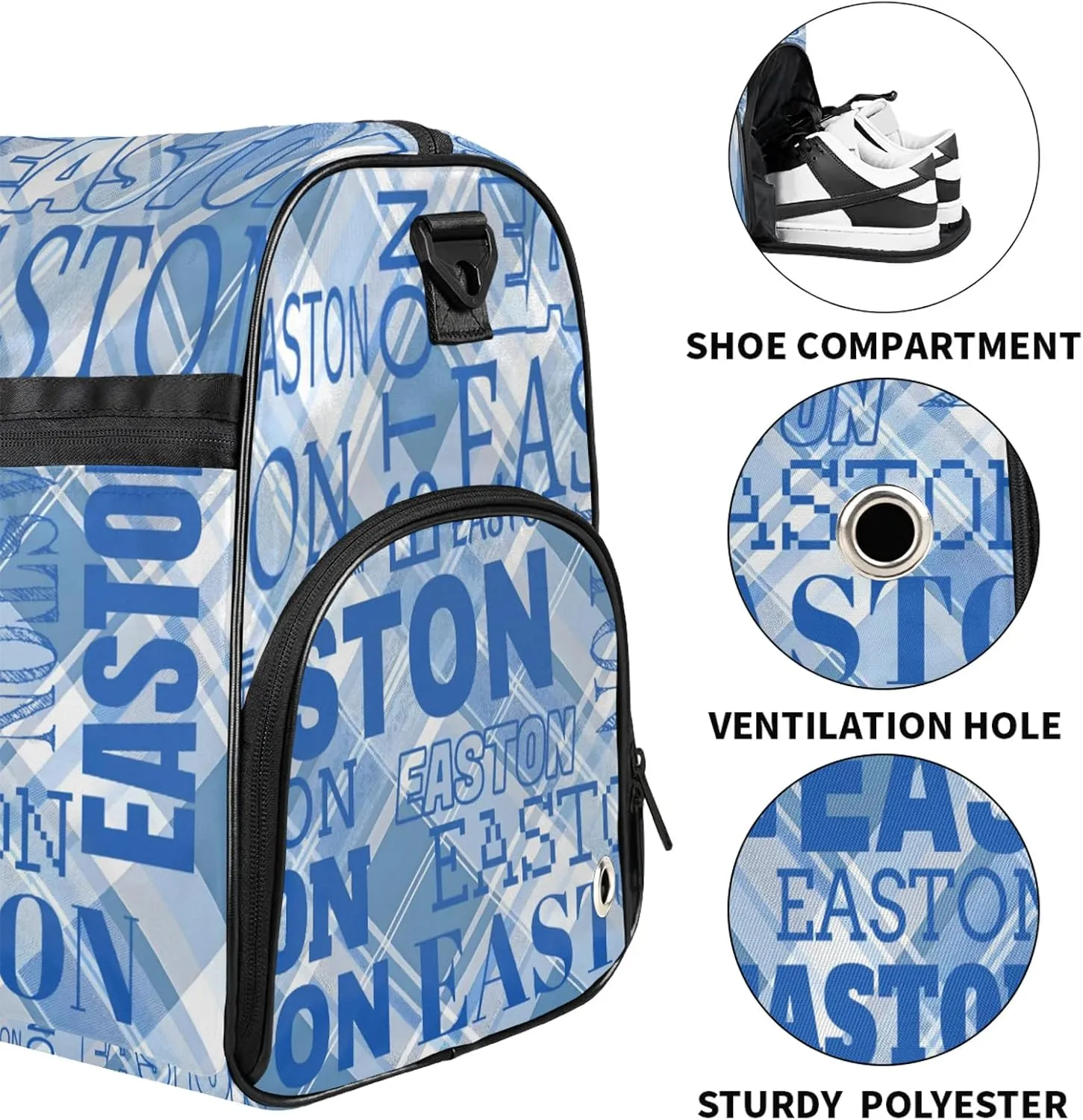 Custom Sport Gym Duffel Bag with Shoe Compartment Personalized Name Travel Overnight Bag Waterproof Customized Dance Bag Carry-On Tote, Blue Checked