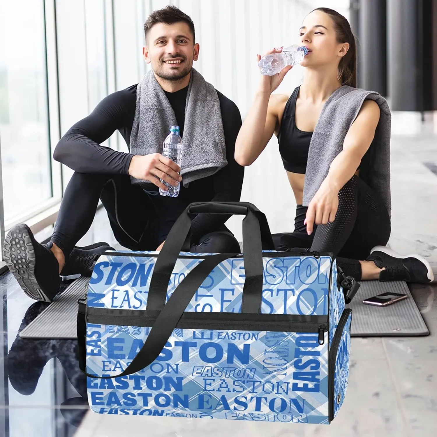 Custom Sport Gym Duffel Bag with Shoe Compartment Personalized Name Travel Overnight Bag Waterproof Customized Dance Bag Carry-On Tote, Blue Checked
