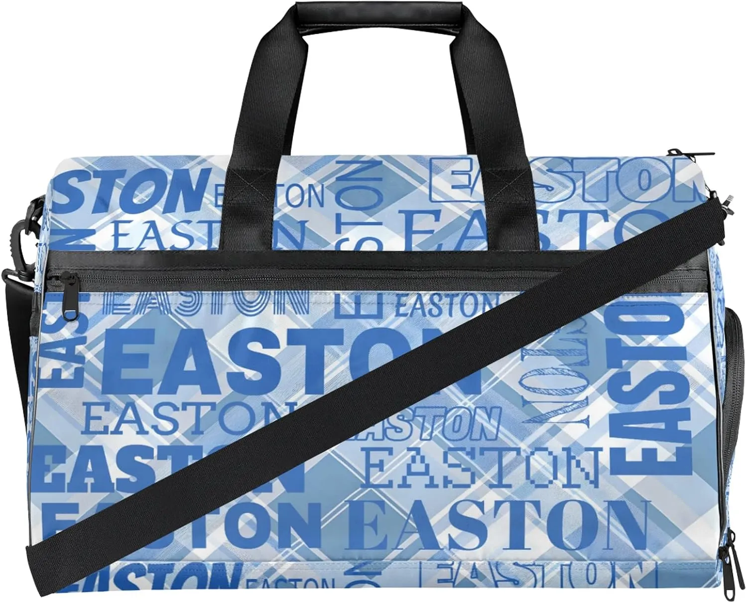 Custom Sport Gym Duffel Bag with Shoe Compartment Personalized Name Travel Overnight Bag Waterproof Customized Dance Bag Carry-On Tote, Blue Checked