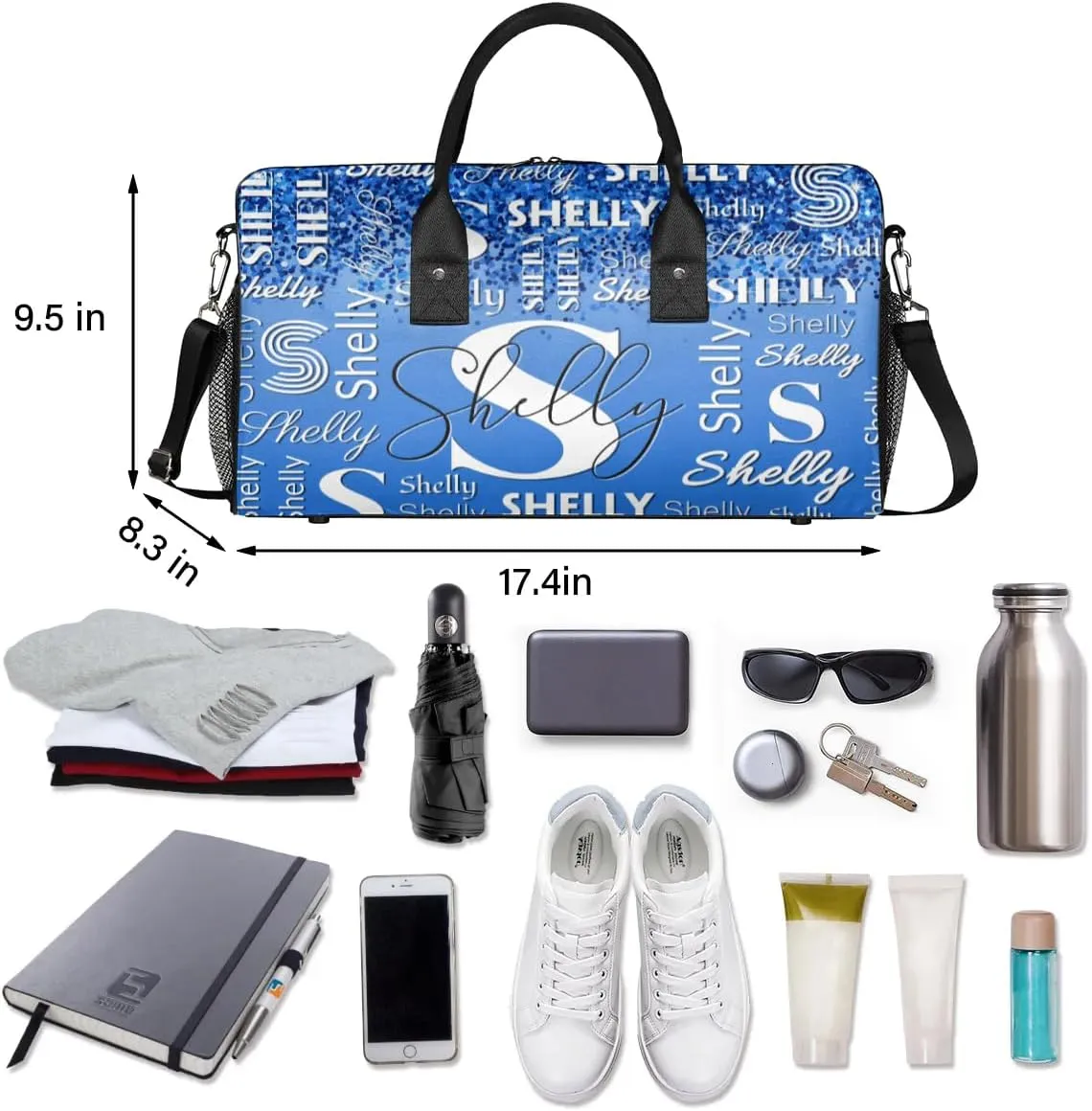 Custom Travel Duffle Bag for Men Women Personalized Waterproof Overnight Weekender Bag Foldable Travel Bag Large Sports Gym Bag Luggage Tote Bag, Blue Glitter