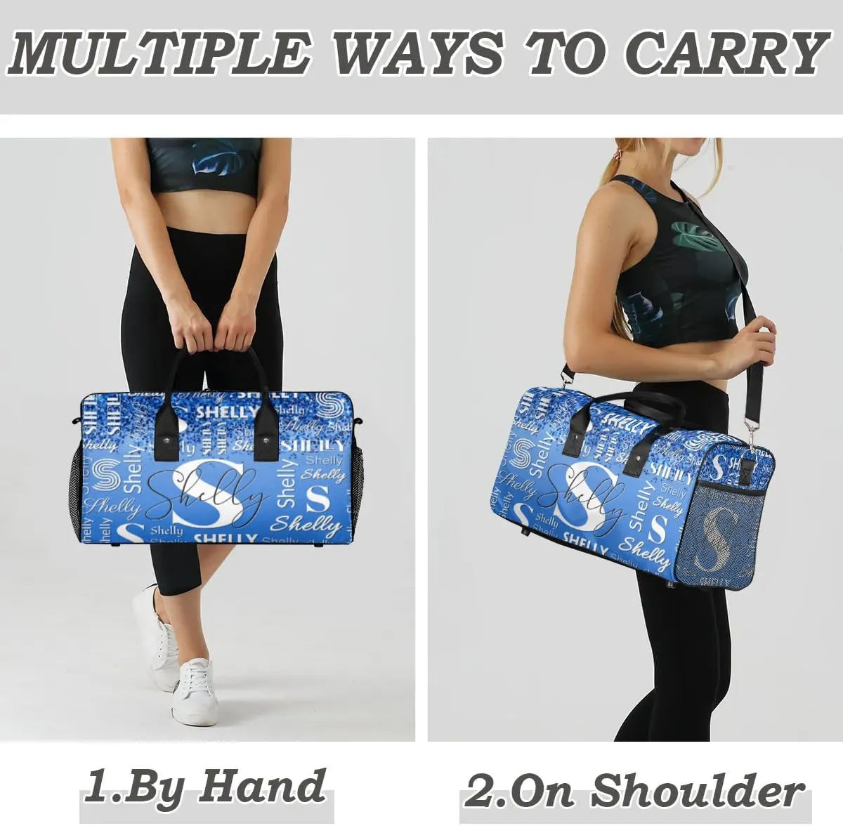 Custom Travel Duffle Bag for Men Women Personalized Waterproof Overnight Weekender Bag Foldable Travel Bag Large Sports Gym Bag Luggage Tote Bag, Blue Glitter