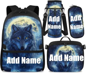 Custom Wolf School Bags for Boys 10-12 4-6 Customized Boys Backpacks with Lunch Box Personalized Kids Back Pack Travel Knapsack Daypack