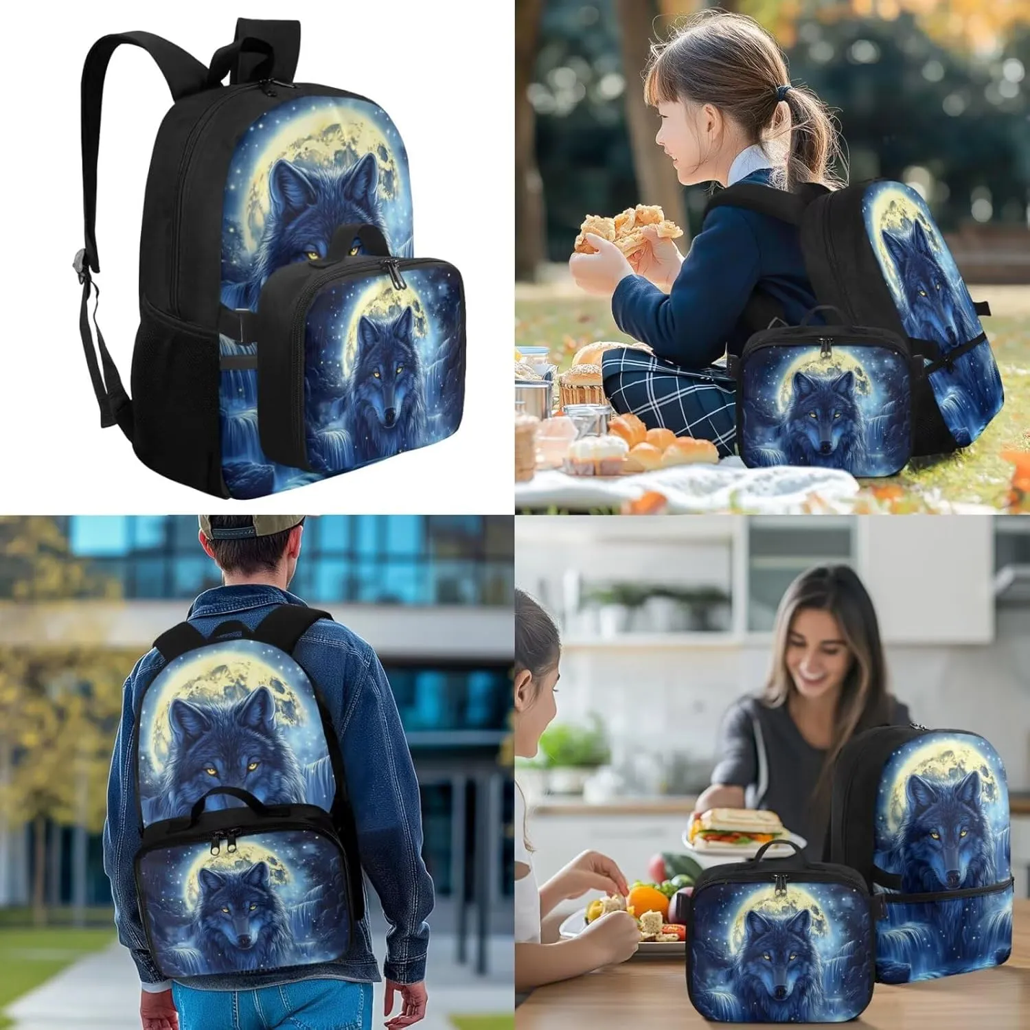 Custom Wolf School Bags for Boys 10-12 4-6 Customized Boys Backpacks with Lunch Box Personalized Kids Back Pack Travel Knapsack Daypack