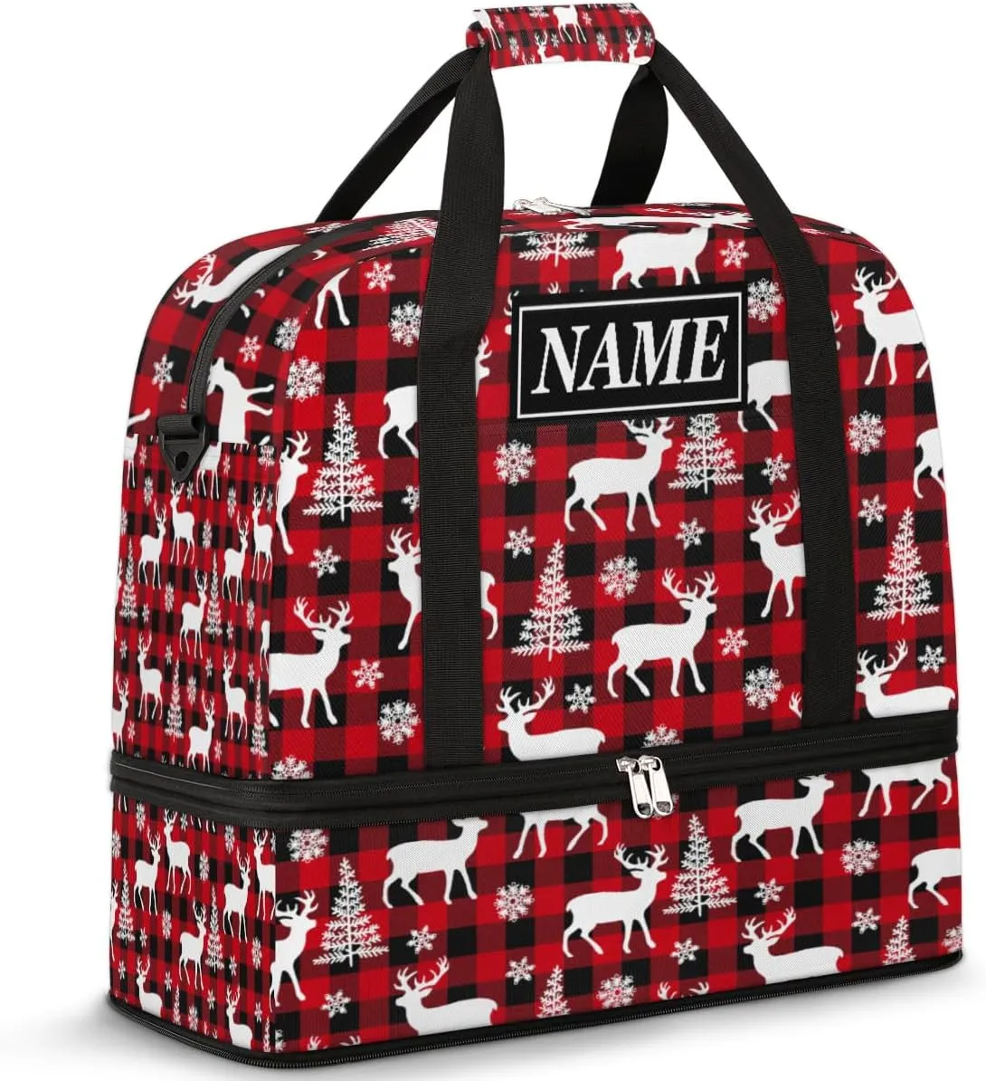 Customize Personalized Travel Duffel Bag Christmas Reindeer Deer Sport Gym Bag for Woman Man,Waterproof Foldable Weekend Overnight Bag for Yoga Workout Training with Shoe Compartment