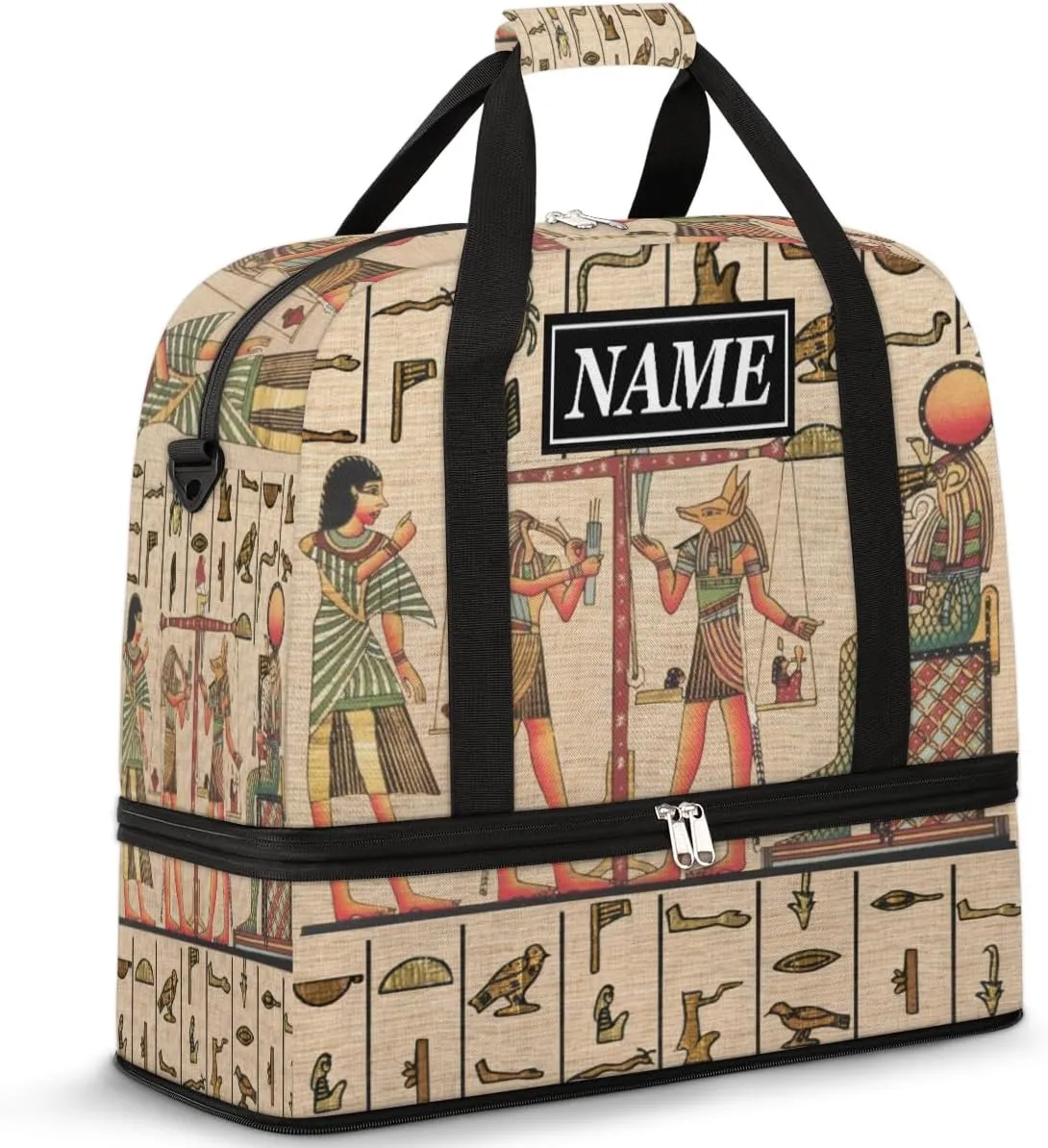 Customize Personalized Travel Duffel Bag Egypt Mural Egtptian Pharaoh Sport Gym Bag for Woman Man,Waterproof Foldable Weekend Overnight Bag for Yoga Workout Training with Shoe Compartment