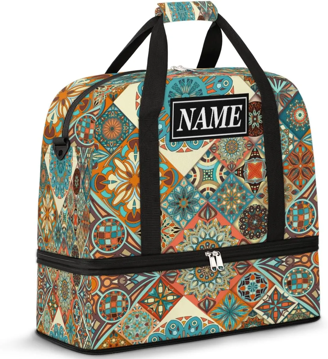 Customize Personalized Travel Duffel Bag Mexican Talavera Tile Sport Gym Bag for Woman Man,Waterproof Foldable Weekend Overnight Bag for Yoga Workout Training with Shoe Compartment
