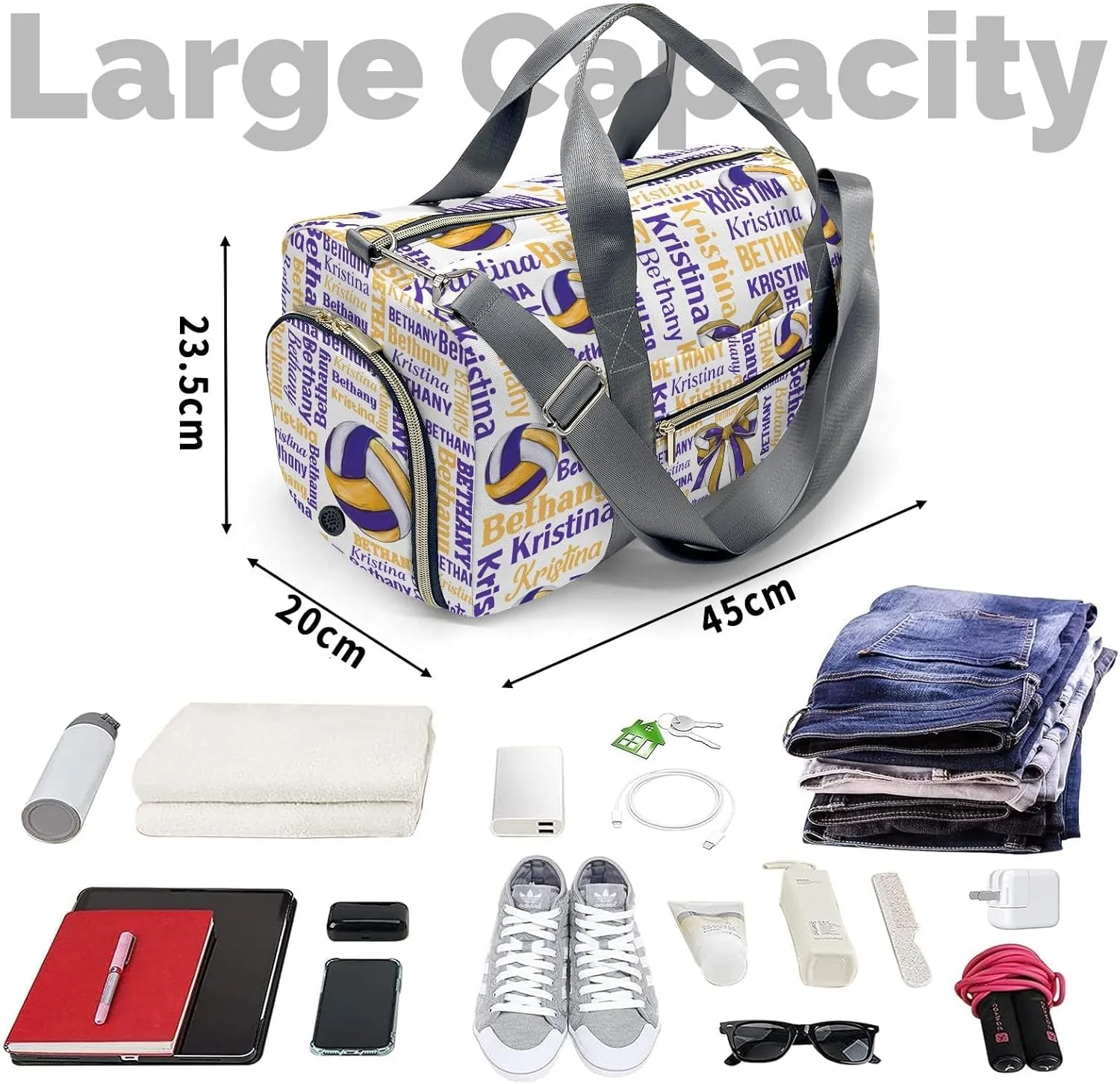 Custon Name Gym Sport Yoga Duffel Bag Sport Player Travel Bag, Volleyball Bow Sport Gym Bag Personalized Gift for Women Men Travel Hand Bag Carry on Bag