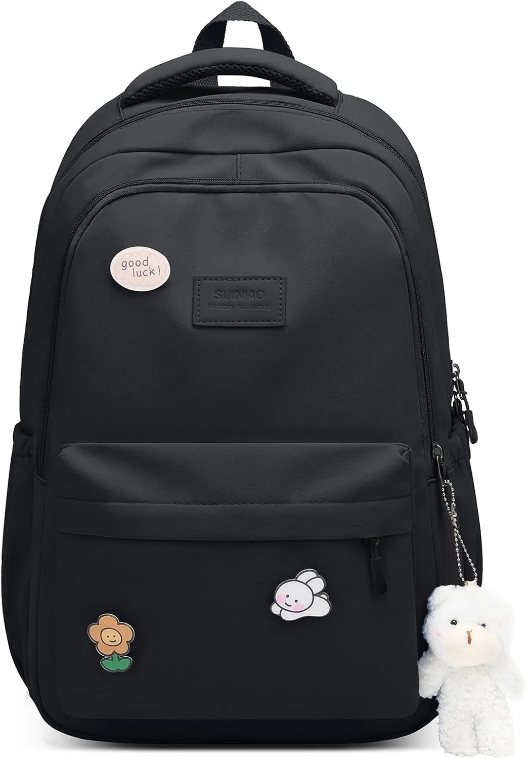 Cute Aesthetic Backpack for Girls,Kawaii Backpack for School, College Bookbag for Teens Women with Bear Pendant and Pins, Black