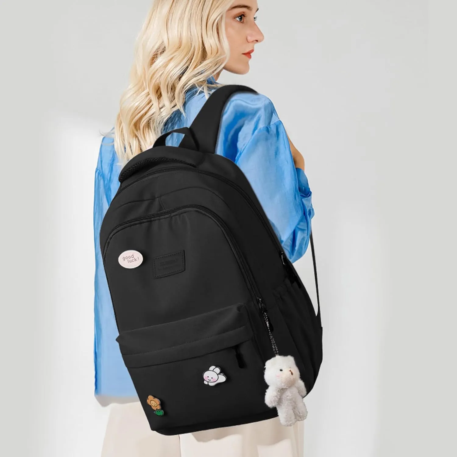 Cute Aesthetic Backpack for Girls,Kawaii Backpack for School, College Bookbag for Teens Women with Bear Pendant and Pins, Black