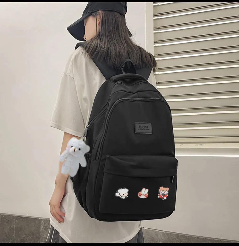 Cute Aesthetic Backpack for Girls,Kawaii Backpack for School, College Bookbag for Teens Women with Bear Pendant and Pins, Black