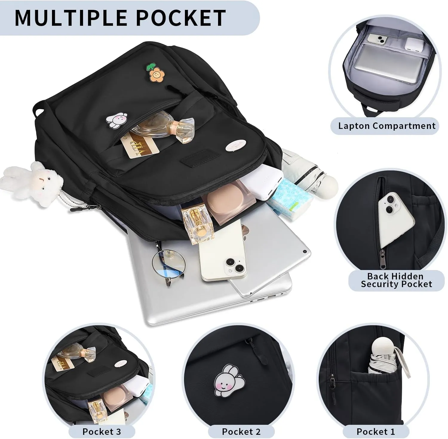 Cute Aesthetic Backpack for Girls,Kawaii Backpack for School, College Bookbag for Teens Women with Bear Pendant and Pins, Black