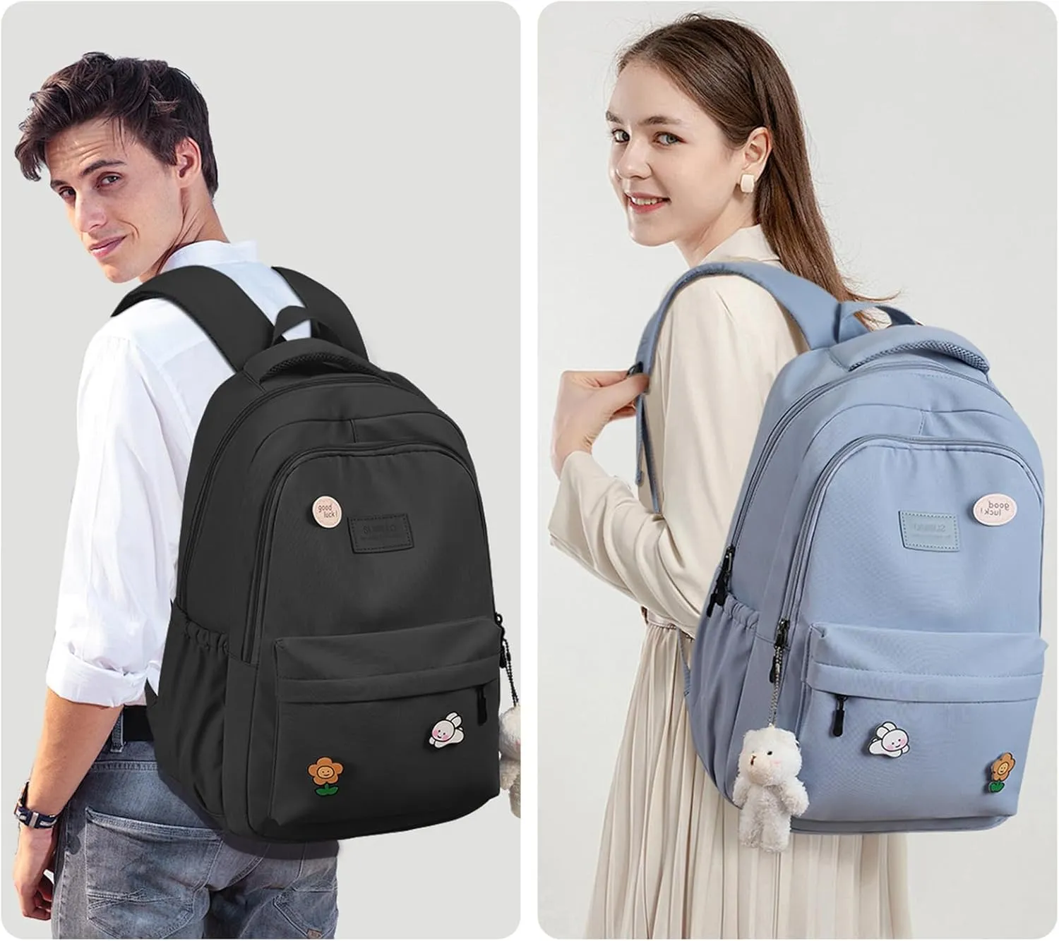 Cute Aesthetic Backpack for Girls,Kawaii Backpack for School, College Bookbag for Teens Women with Bear Pendant and Pins, Black