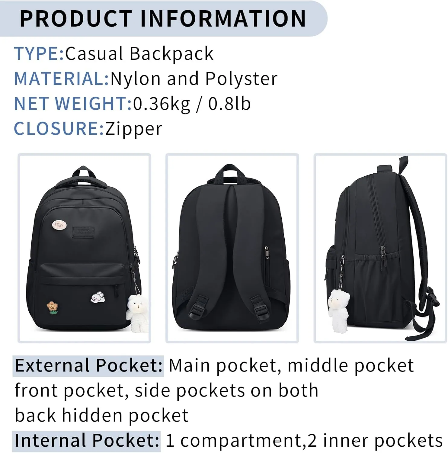 Cute Aesthetic Backpack for Girls,Kawaii Backpack for School, College Bookbag for Teens Women with Bear Pendant and Pins, Black