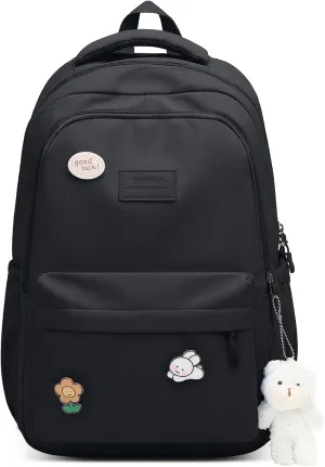 Cute Aesthetic Backpack for Girls,Kawaii Backpack for School, College Bookbag for Teens Women with Bear Pendant and Pins, Black