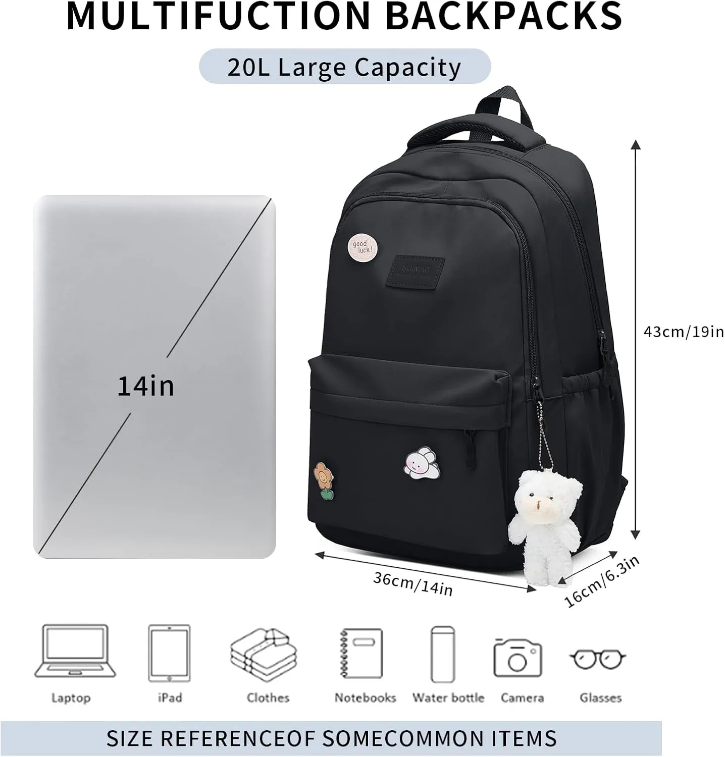 Cute Aesthetic Backpack for Girls,Kawaii Backpack for School, College Bookbag for Teens Women with Bear Pendant and Pins, Black